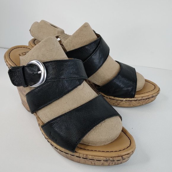 Born Shoes - BOC Buckle Straps Cork Wedge Black Leather Sandals Size 10M